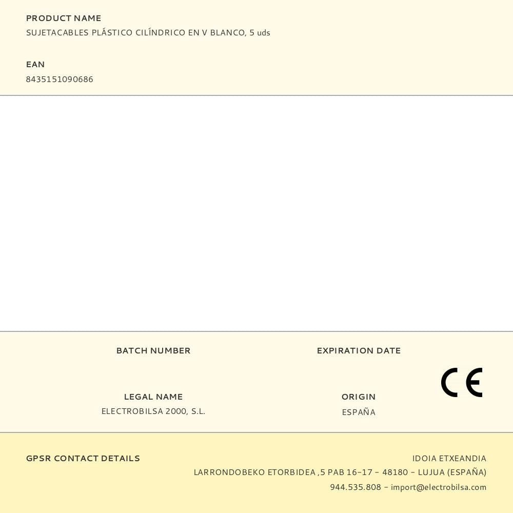 Sujetacables de plástico, cilíndrico en v, blanco, 5 uds