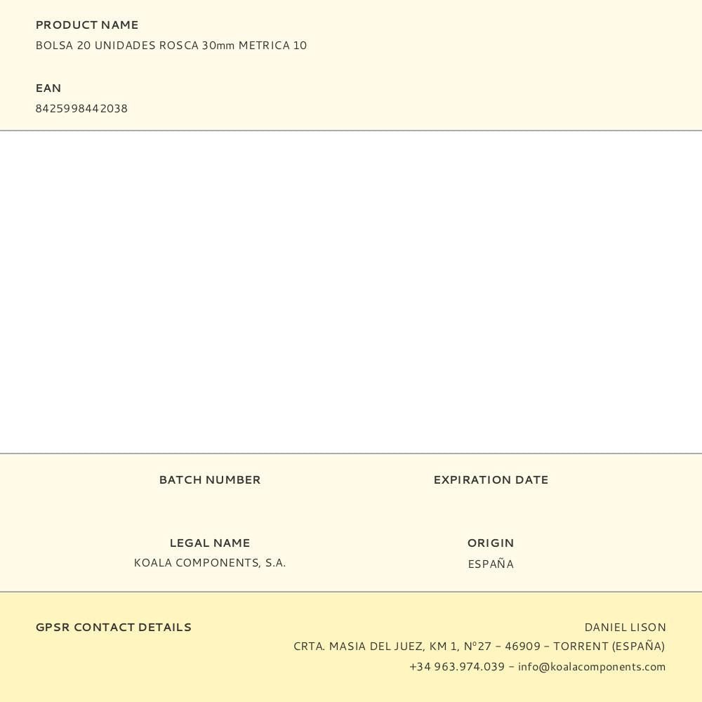 Bolsa 20 unidades rosca 30mm metrica 10