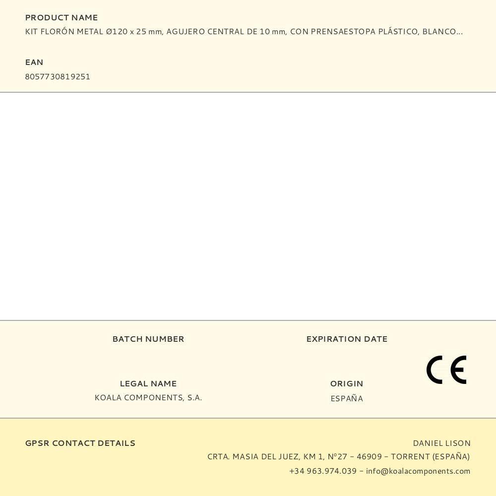 Kit florón metal ø120 x 25 mm, agujero central de 10 mm, con prensaestopa plástico, blanco mate