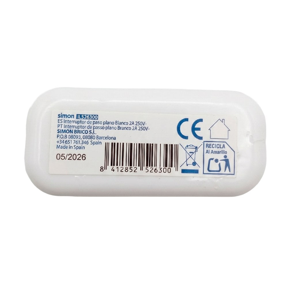 Interruptor de paso, plano, 2 a 250 v, blanco, retractilado