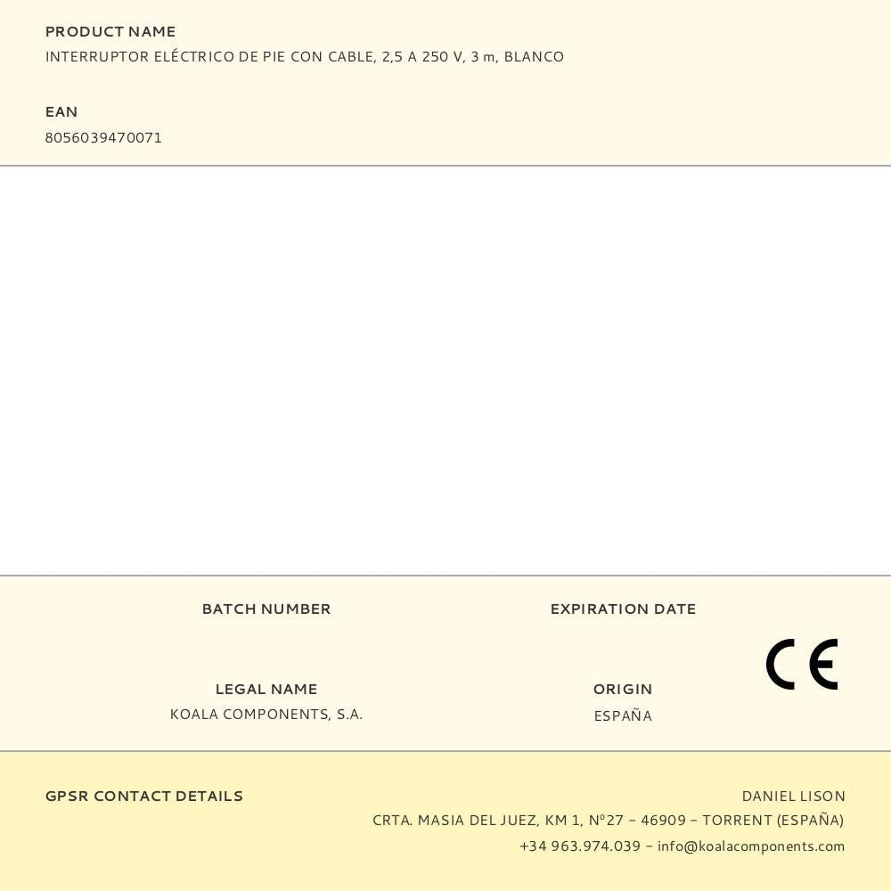 Interruptor eléctrico de pie con cable, 2,5 a 250 v, 3 m, blanco