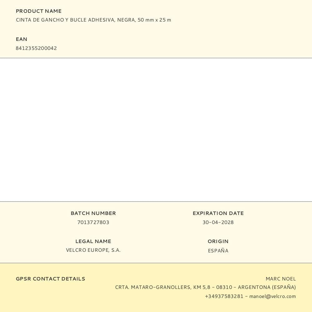 Cinta de gancho y bucle adhesiva negra 50 mm x 25 m