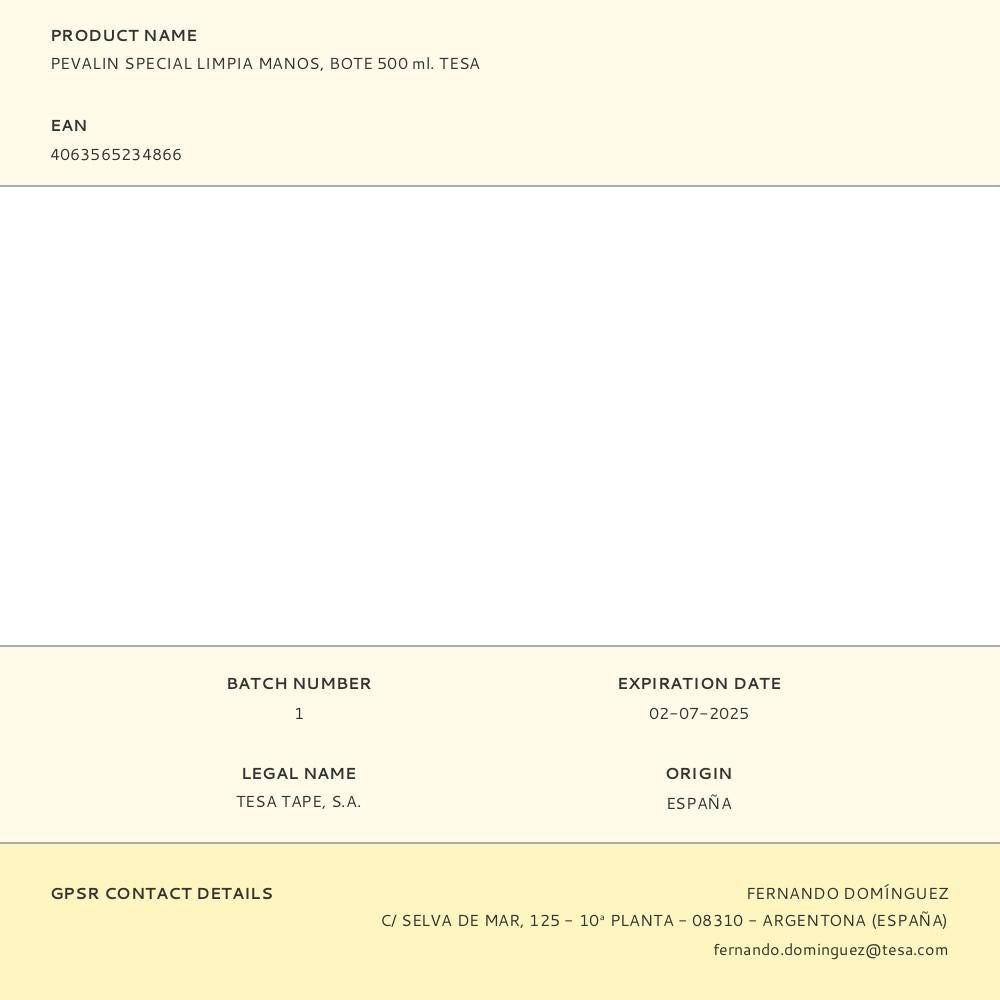 Pevalin special limpia manos, bote 500 ml. tesa