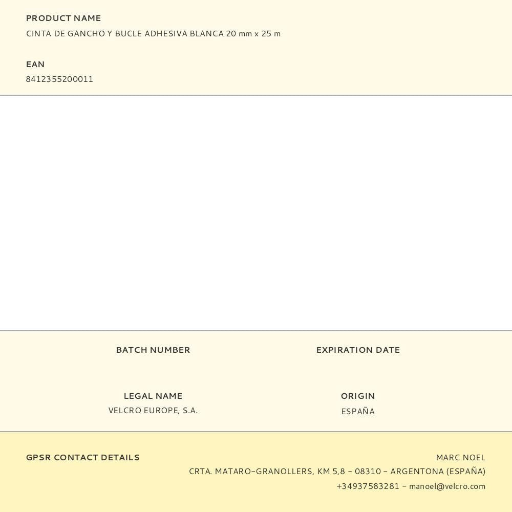 Cinta de gancho y bucle adhesiva blanca 20mm x 25 m