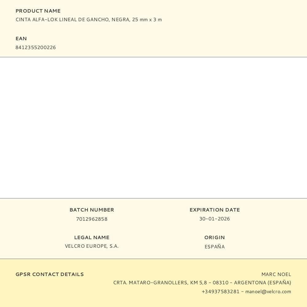 Cinta alfa-lok lineal de gancho negra 25mm x 3 m