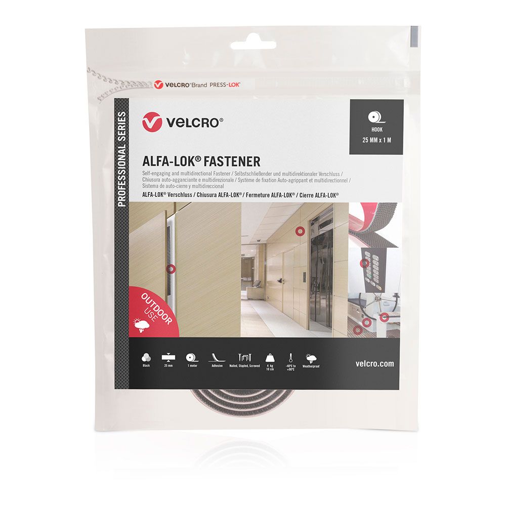 Cinta alfa-lok lineal de gancho negra 25mm x 1 m