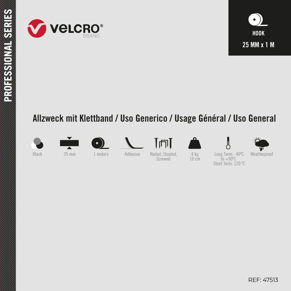 Cinta alfa-lok lineal de gancho negra 25mm x 1 m