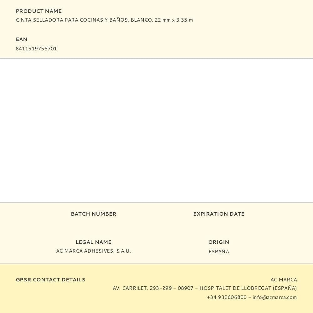 Cinta selladora para cocinas y baños, blanco, 22 mm x 3,35 m