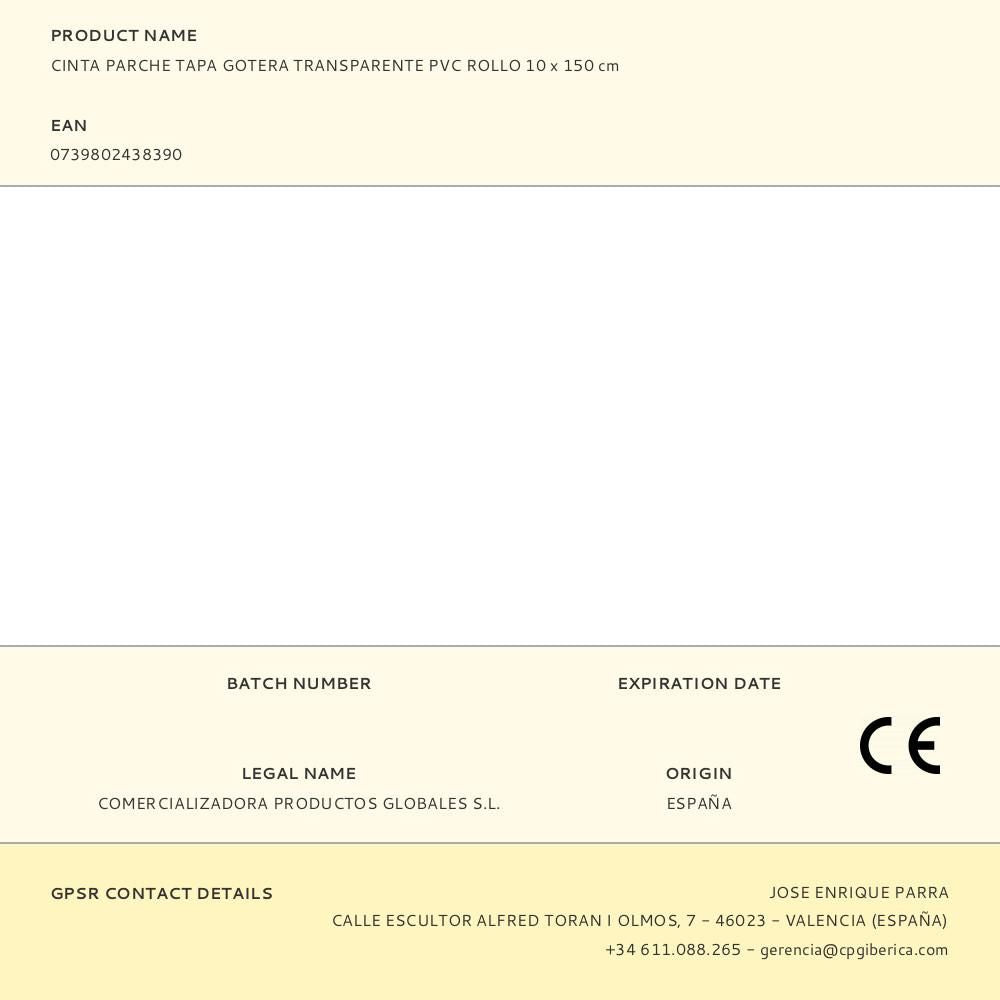 Cinta parche tapa gotera transparente pvc rollo 10 x 150 cm