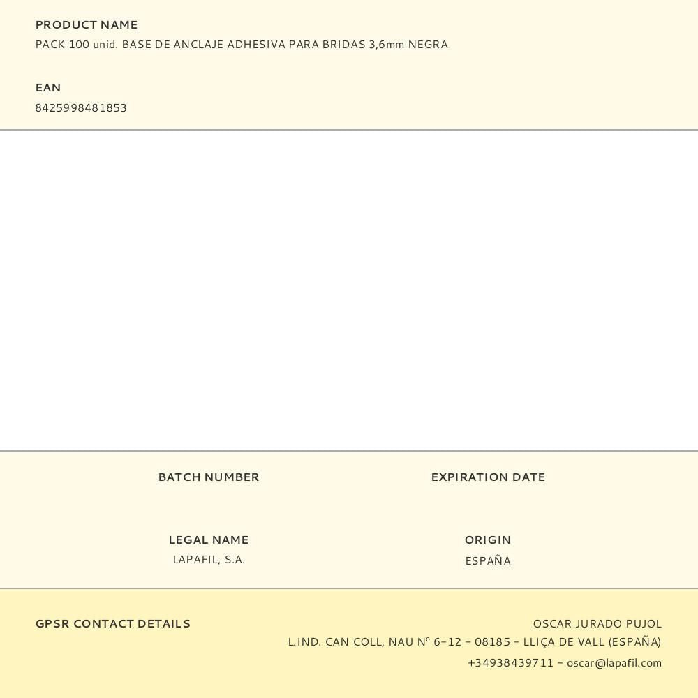 Pack 100 unid. base de anclaje adhesiva para bridas 3,6mm negra