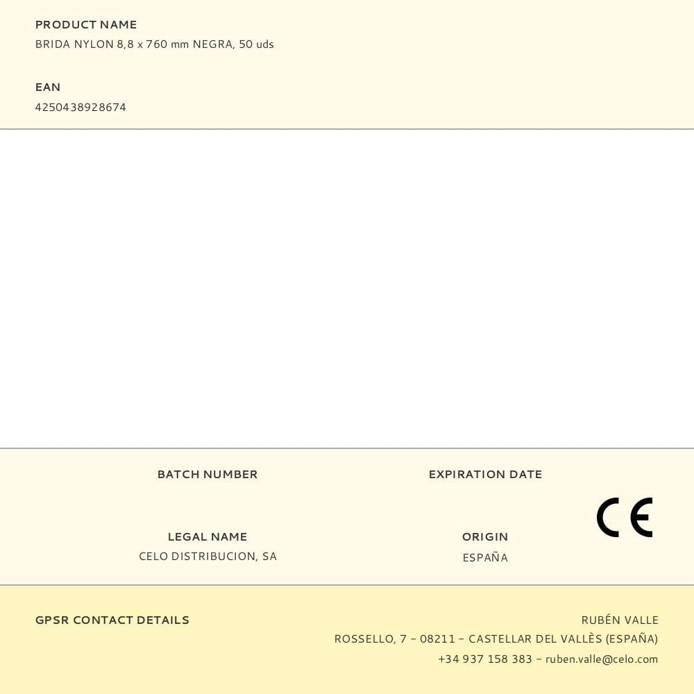 Brida nylon 8,8 x 760 mm negra, 50 uds