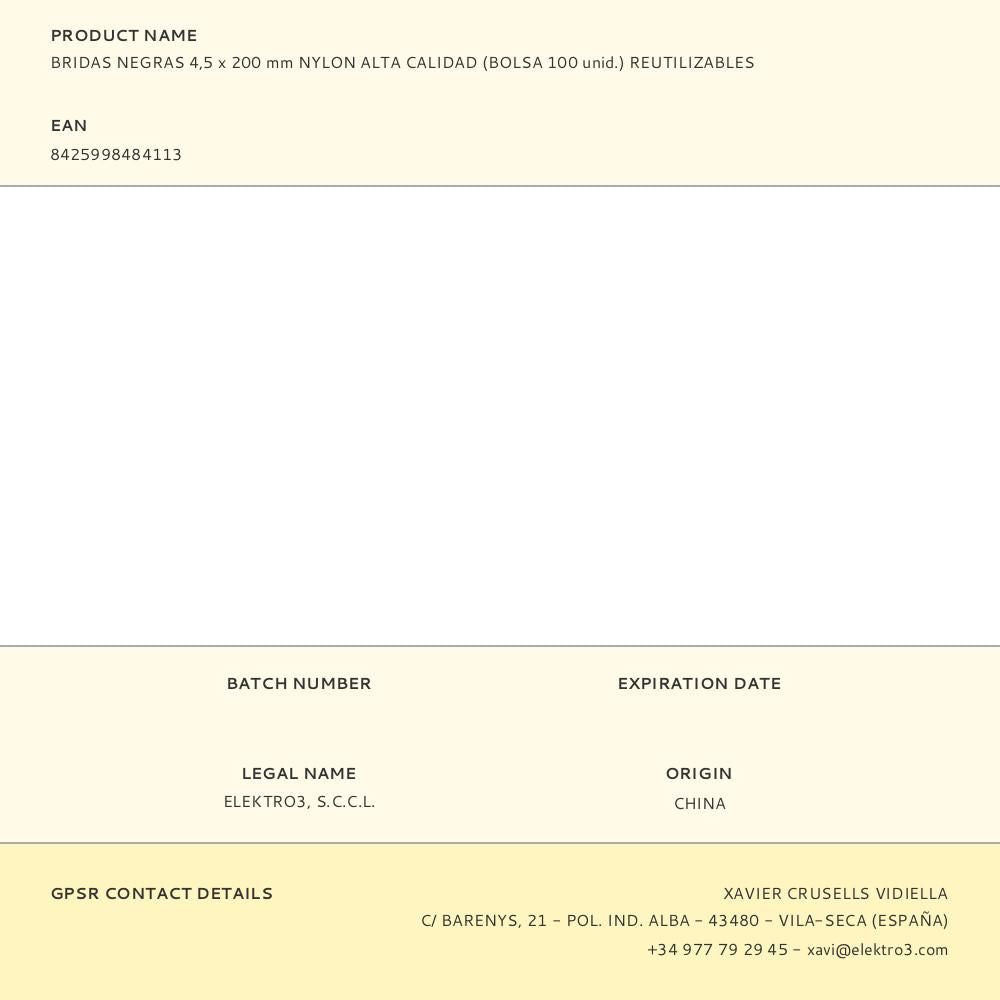 Bridas negras 4,5 x 200 mm nylon alta calidad (bolsa 100 unid.) reutilizables
