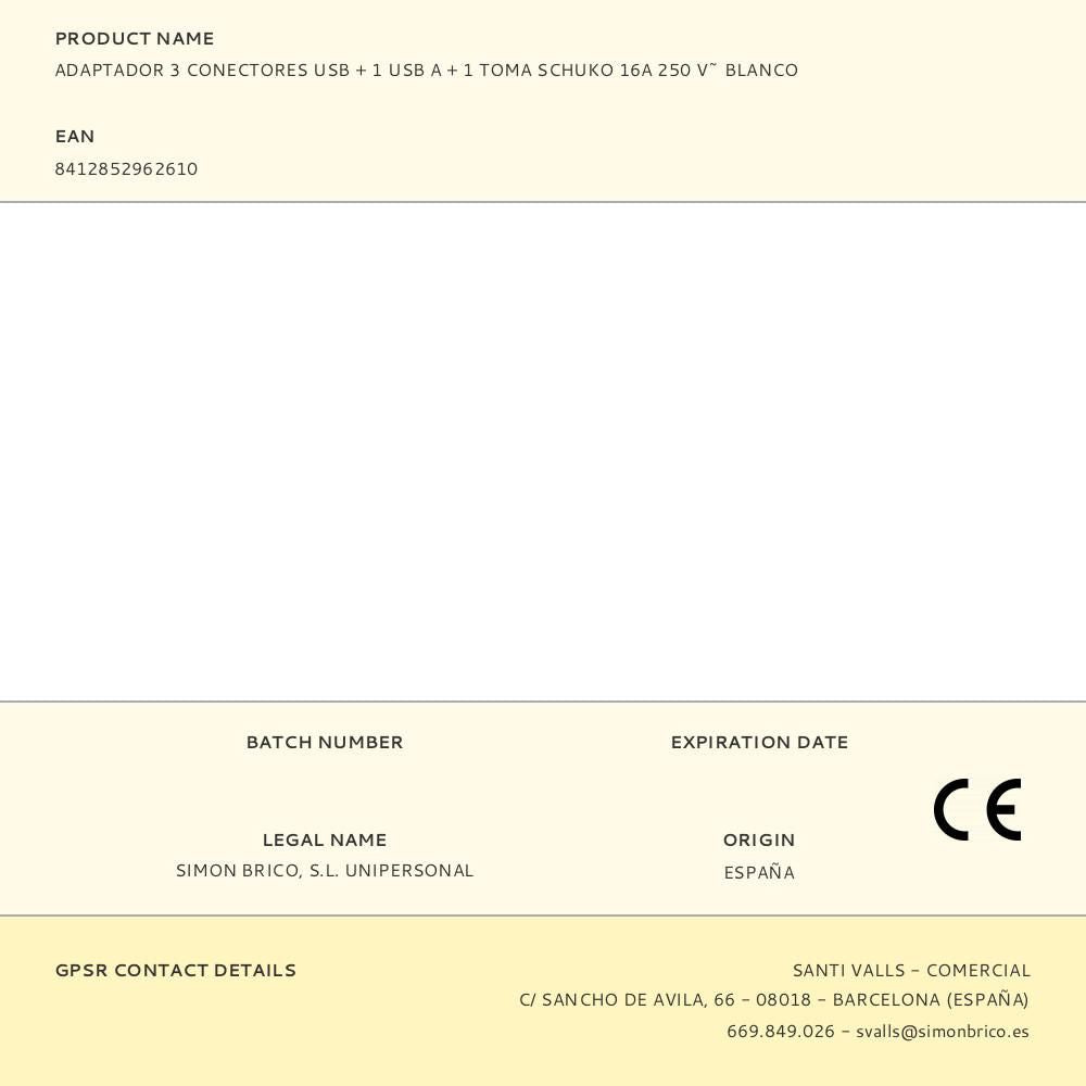 Adaptador 3 conectores usb + 1 usb a + 1 toma schuko 16a 250 v~ blanco