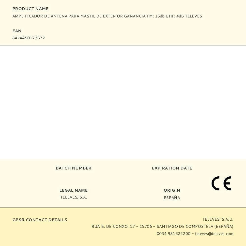 Amplificador de antena para mastil de exterior ganancia fm: 15db uhf: 4db televes