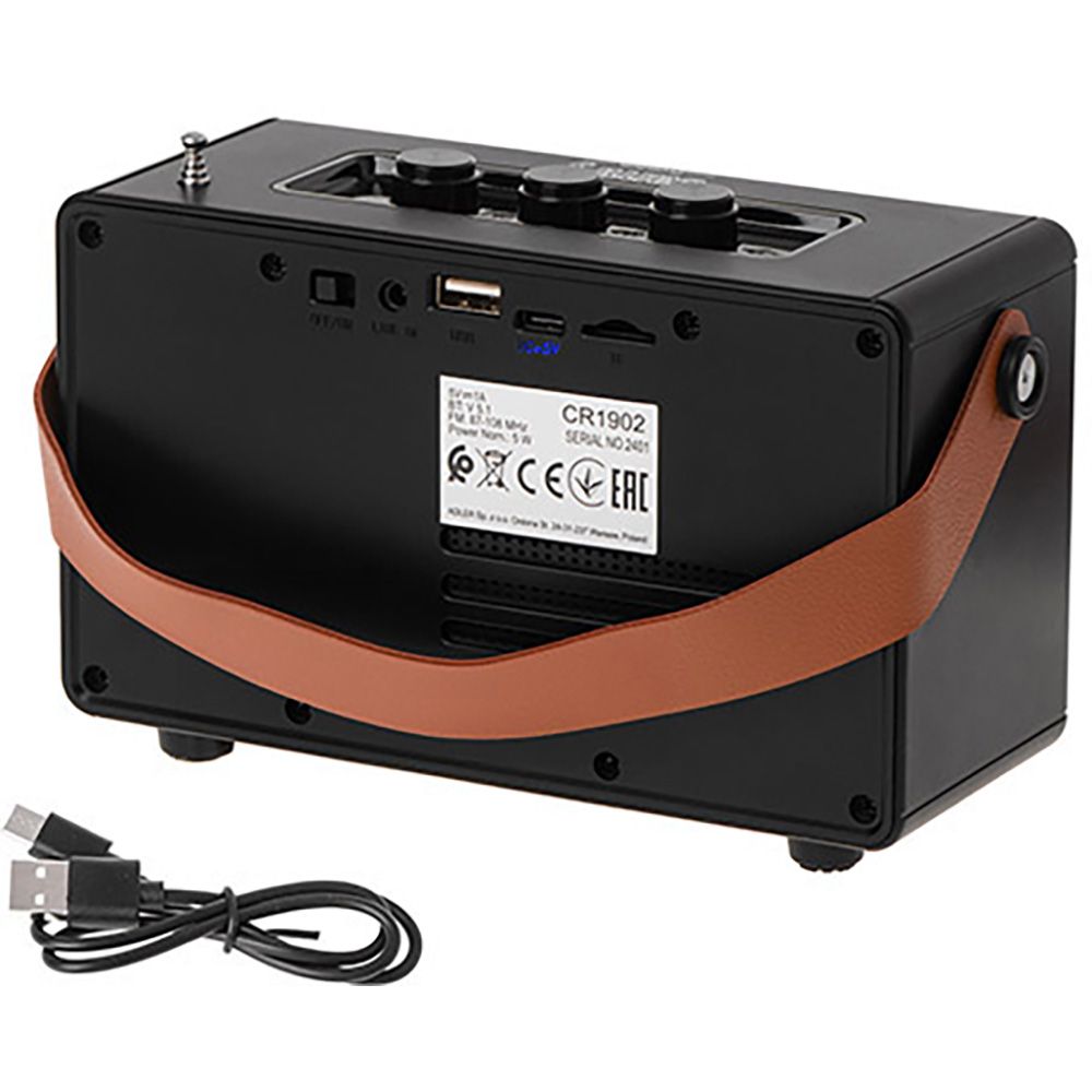 Radio fm recargable con bluetooth cr 1902 negra, 16 x 7 x 10,5 cm