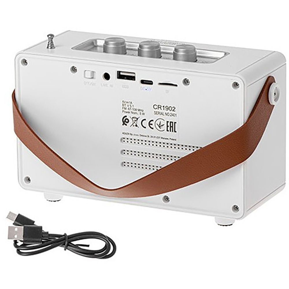 Radio fm recargable con bluetooth cr 1902 blanca, 16 x 7 x 10,5 cm