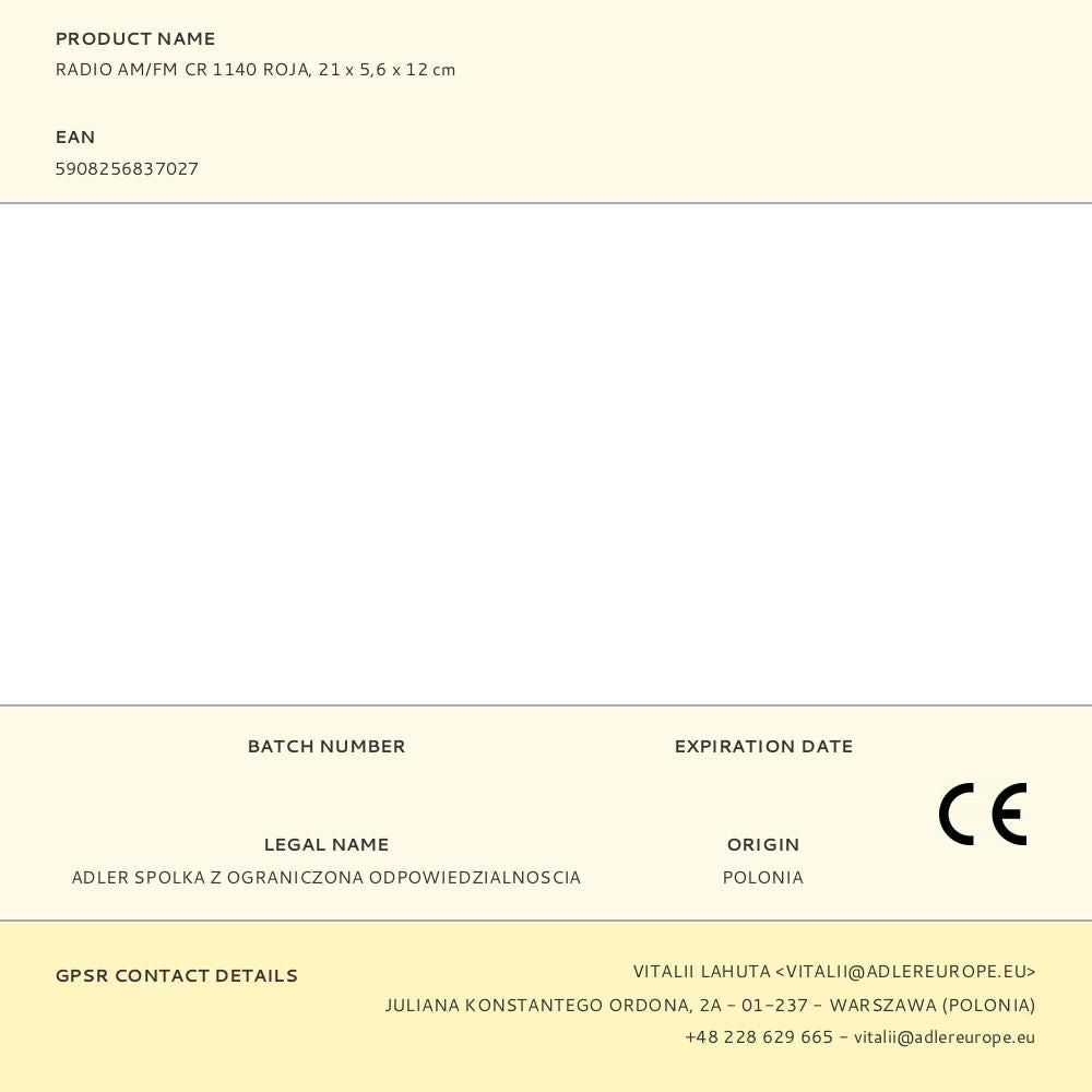 Radio am/fm cr 1140 roja, 21 x 5,6 x 12 cm