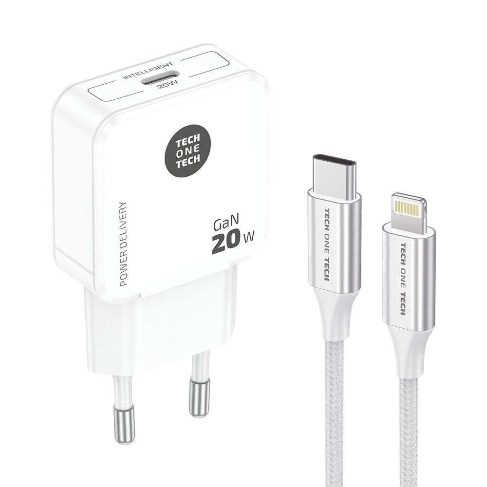 Cargador ultra rápido gan 20 w + cable usb-c a lightning blanco de 1 m
