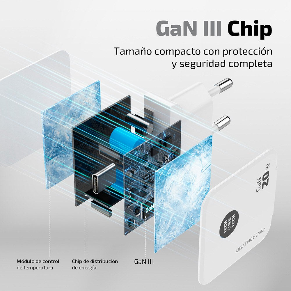 Cargador ultra rápido gan 20 w + cable usb-c a lightning blanco de 1 m