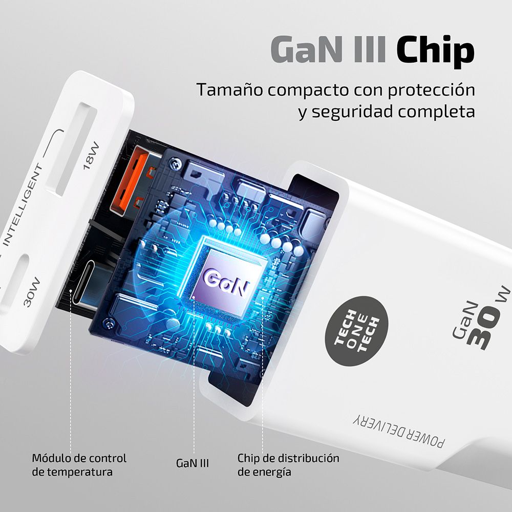 Cargador rápido gan 30 w, blanco, conectores: usb-c + usb-a