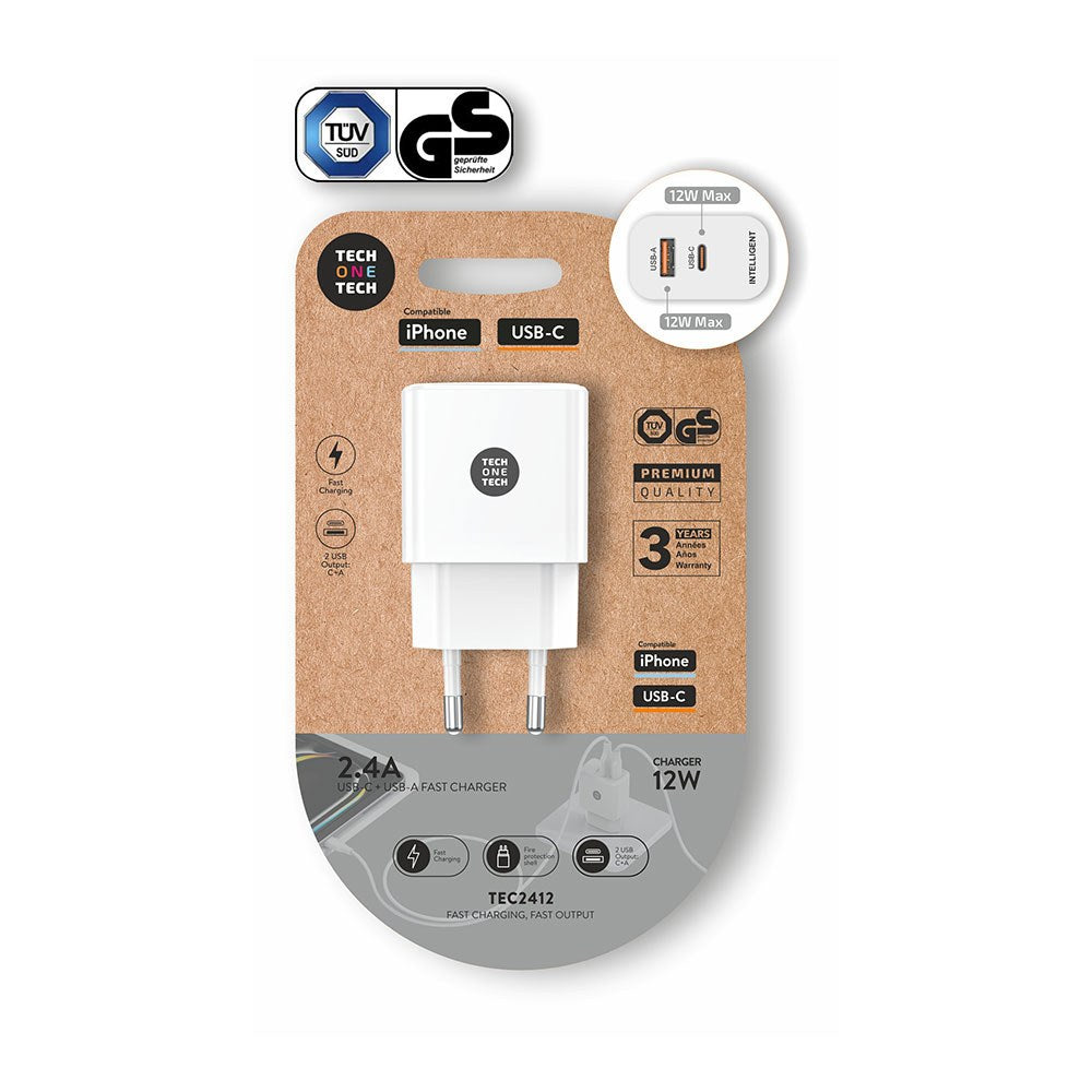 Cargador usb-c + usb-a, 12 w, blanco