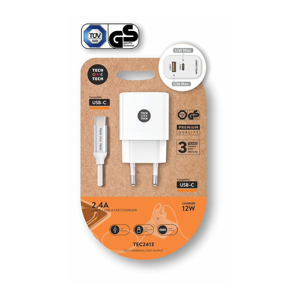 Cargador usb-c + usb-a, 12 w, blanco + cable usb-c de 1 m