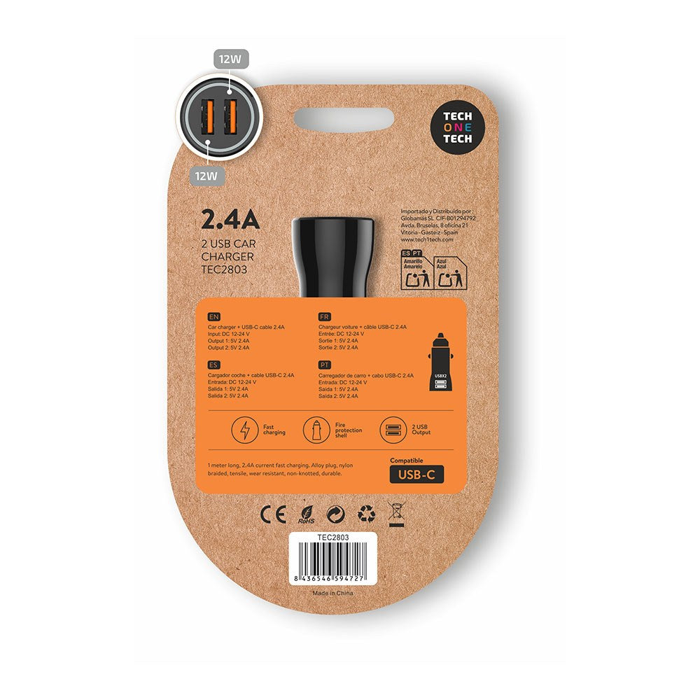 Cargador mechero coche 2 x usb-a, 12 w, negro + cable usb-c de 1 m