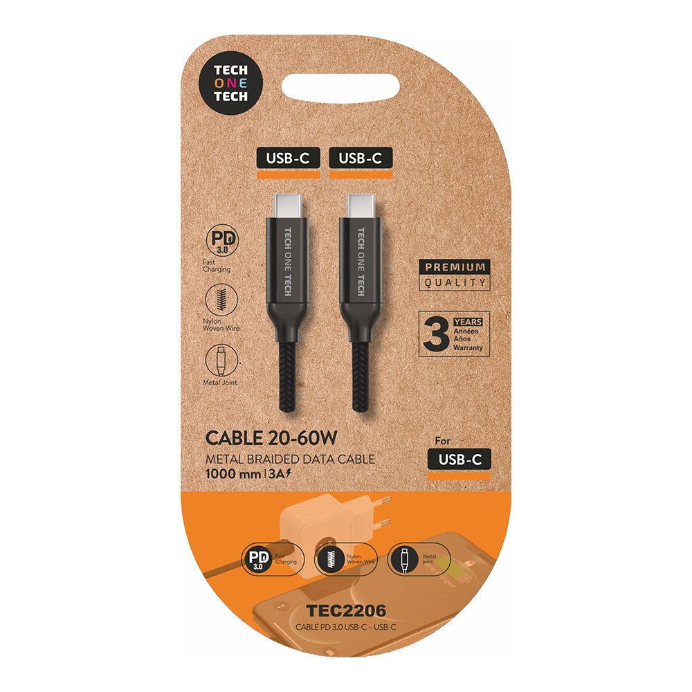 Cable usb-c a usb-c 20-60 w 3 a, negro, 1m