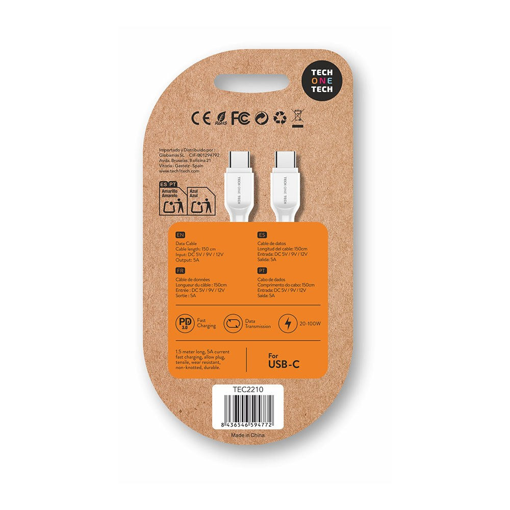 Cable usb-c a usb-c 20-100 w 5 a, blanco, 1,5 m