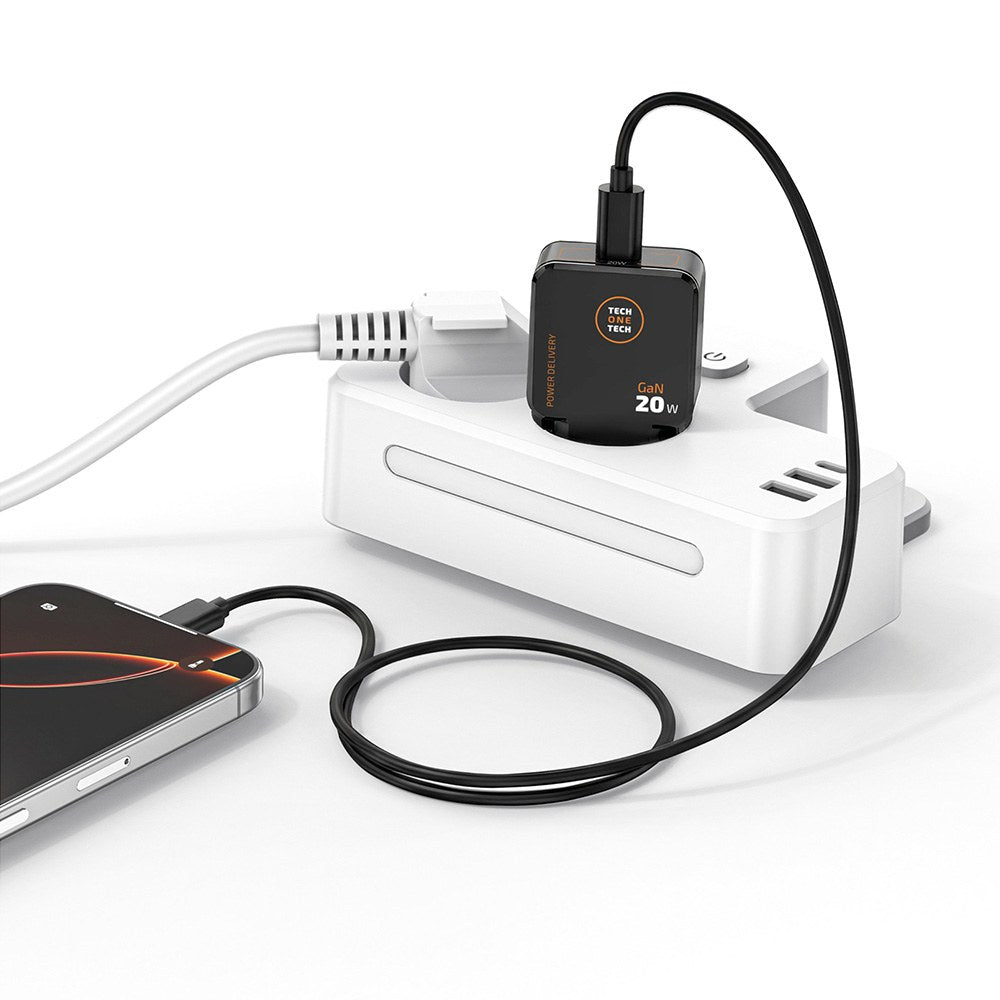 Cargador ultrarápido gan 20 w negro + cable usb-c 1 m