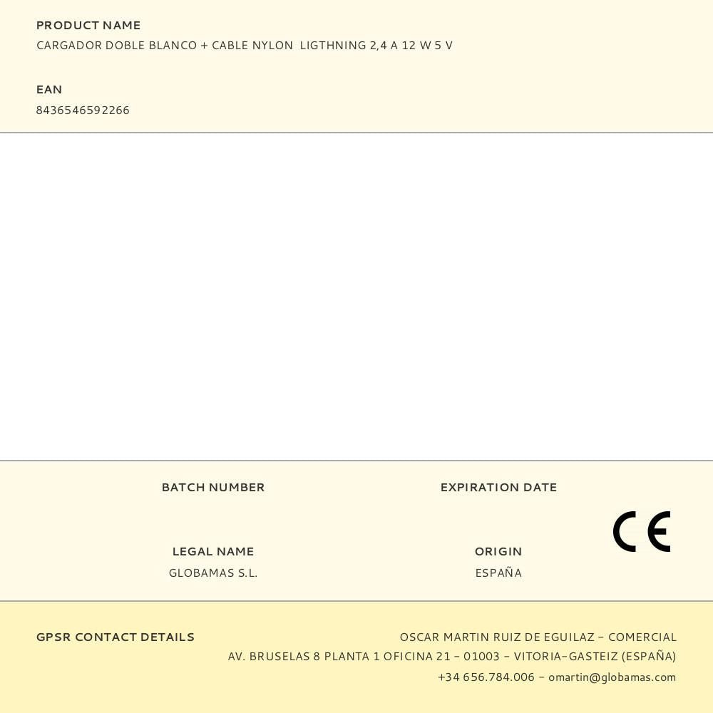 Cargador doble blanco + cable nylon ligthning 2,4 a 12 w 5 v