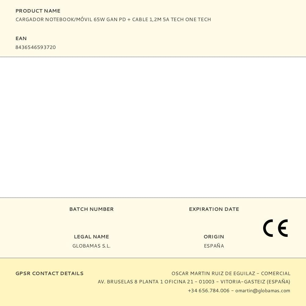 Cargador notebook/móvil 65w gan pd + cable 1,2m 5a tech one tech