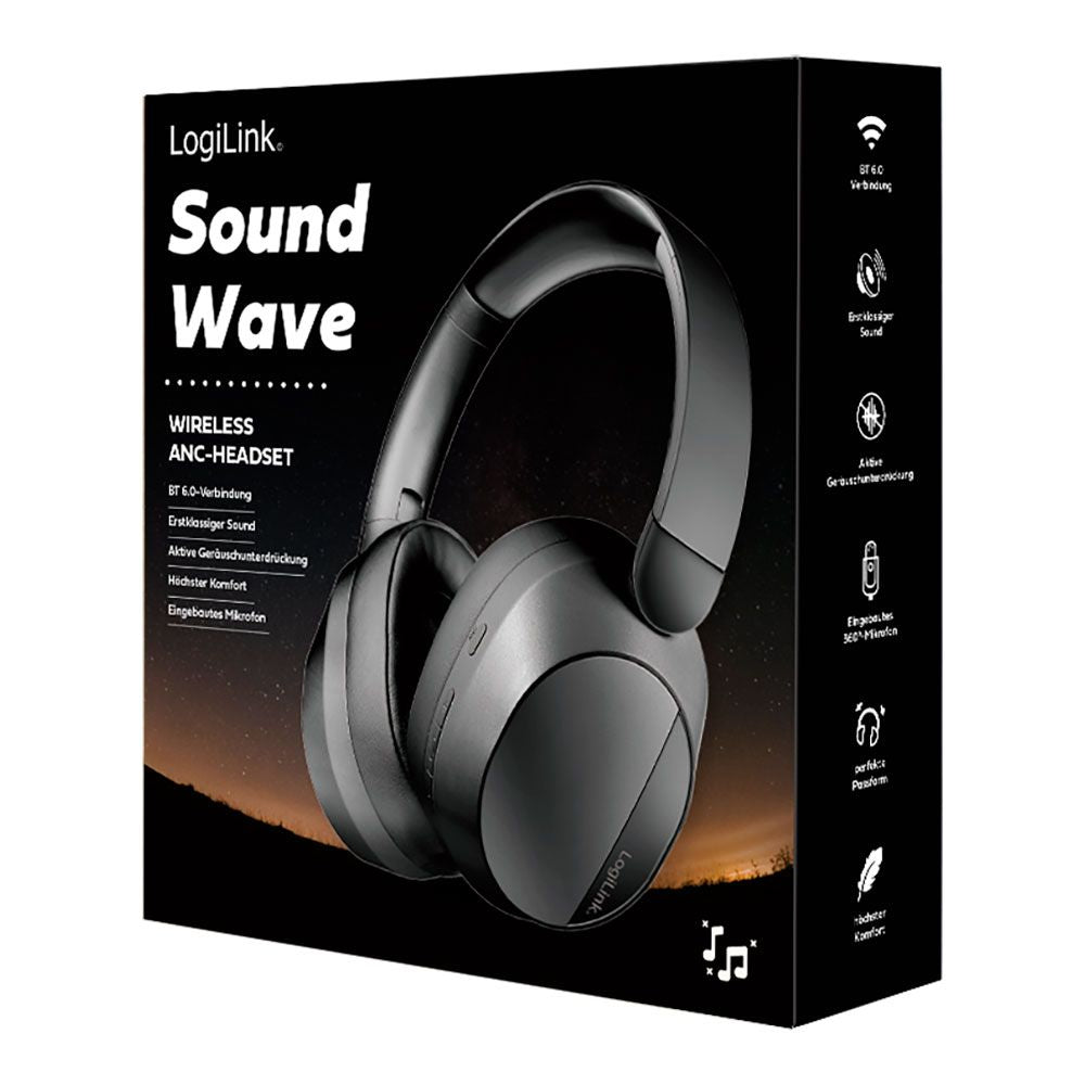 Auriculares plegables negros con bluetooth 6.0, cancelación activa del ruido y micrófono