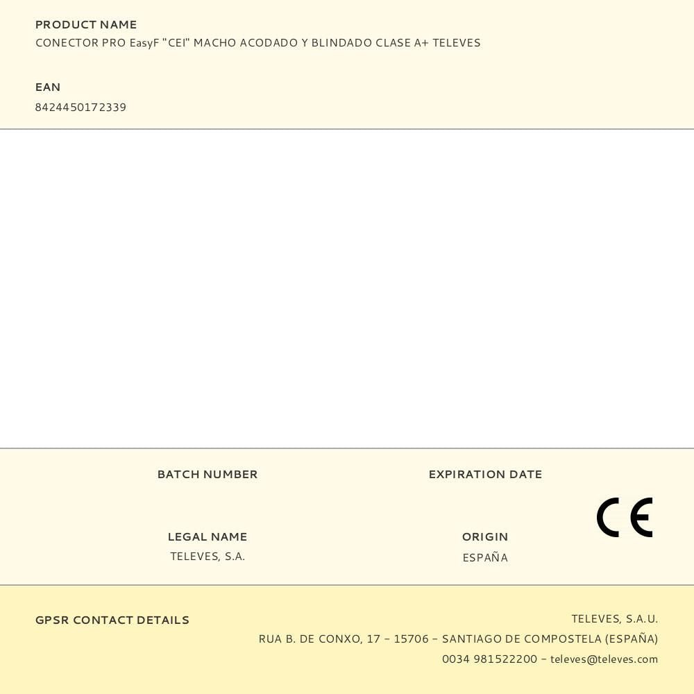 Conector pro easyf "cei" macho acodado y blindado clase a+ televes