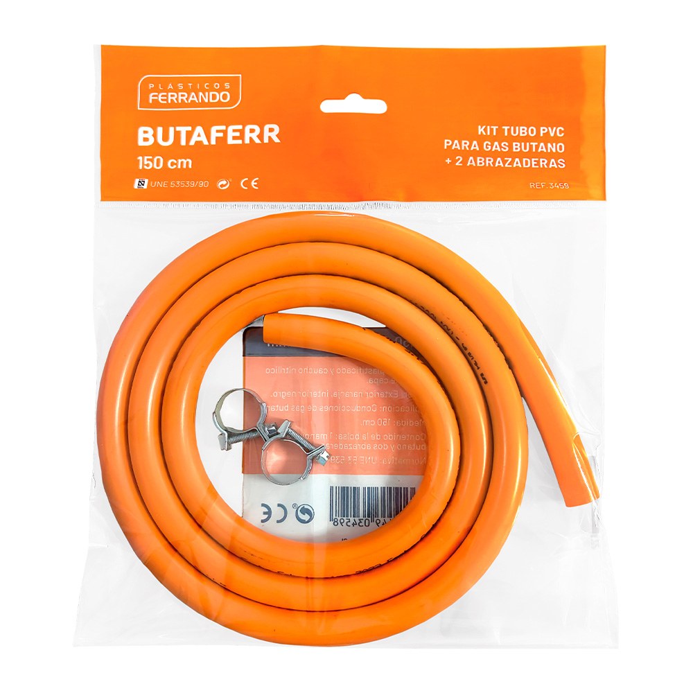 Kit tubo pvc para gas butano 1,5 m y 2 abrazaderas