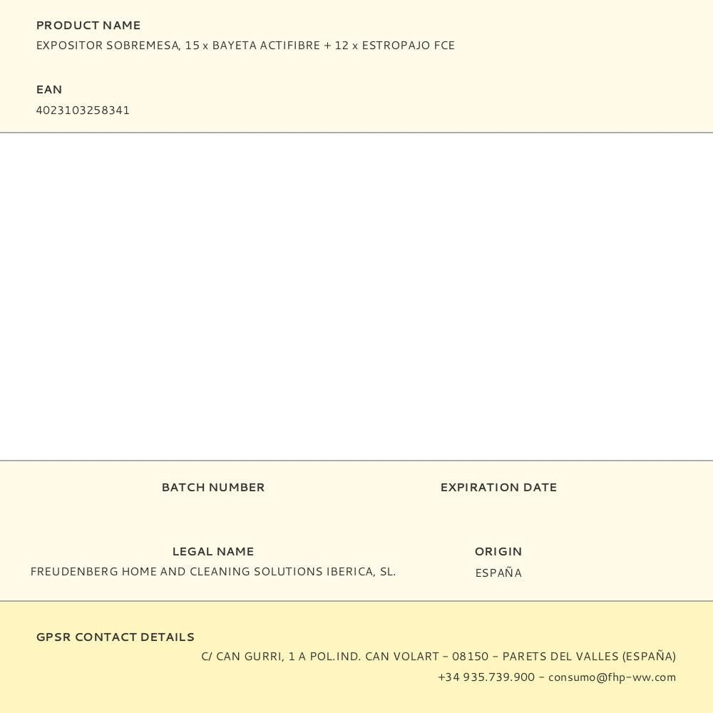 Expositor sobremesa, 15 x bayeta actifibre + 12 x estropajo fce