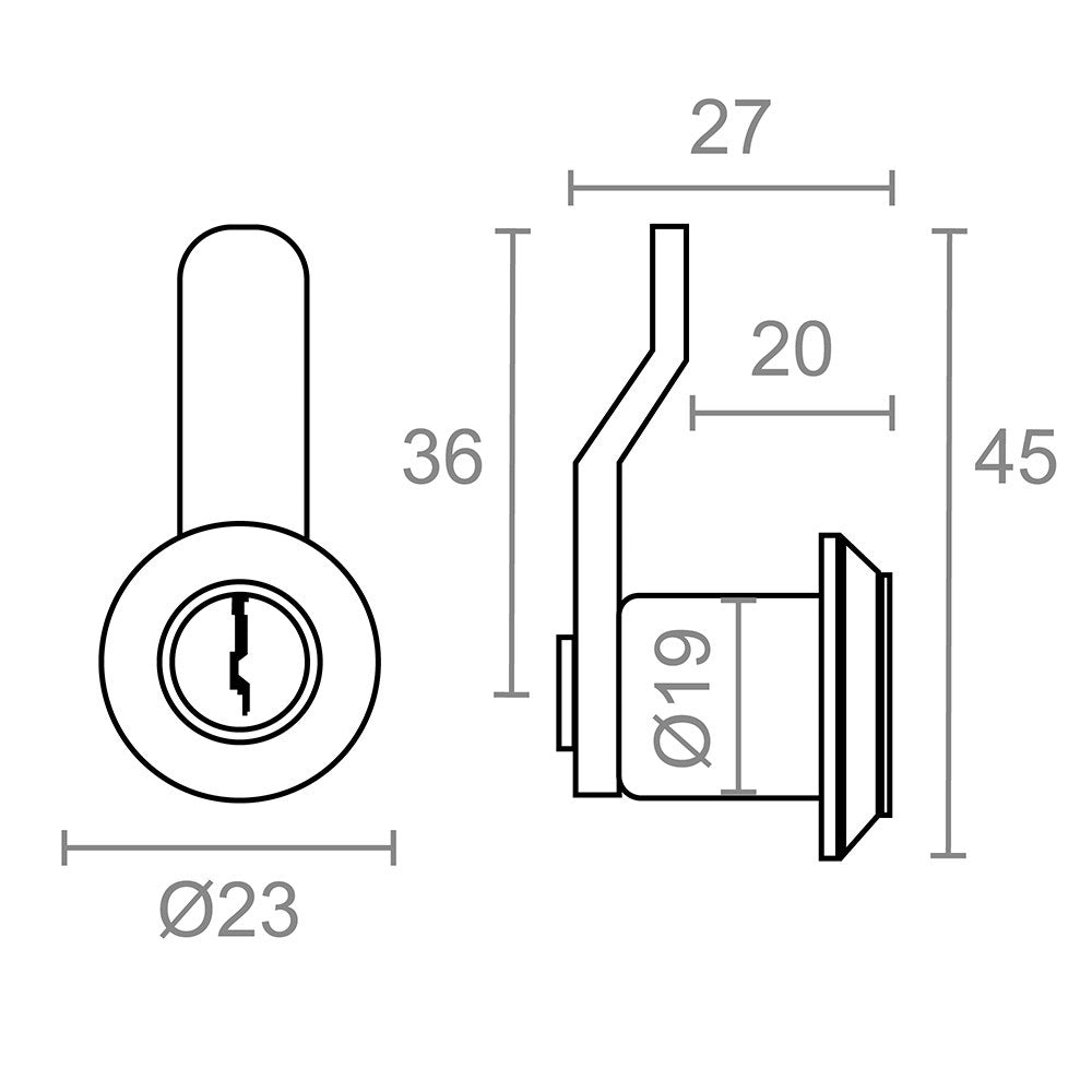 Cerradura buzón curva cm05, de zamak con acabado cromo brillo, 20 mm, con 2 llaves, blíster