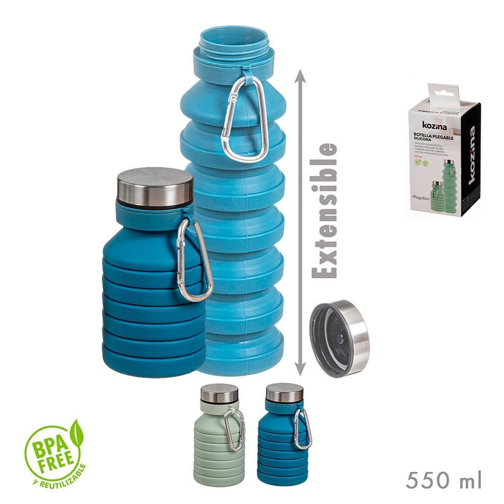 Botella plegable y extensible con mosquetón 2 colores surtidos, 550 ml