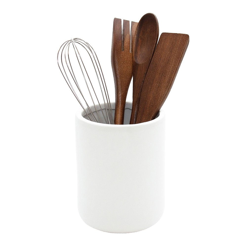 Bote de cerámica blanco con utensilios de cocina en madera de acacia, 5 piezas