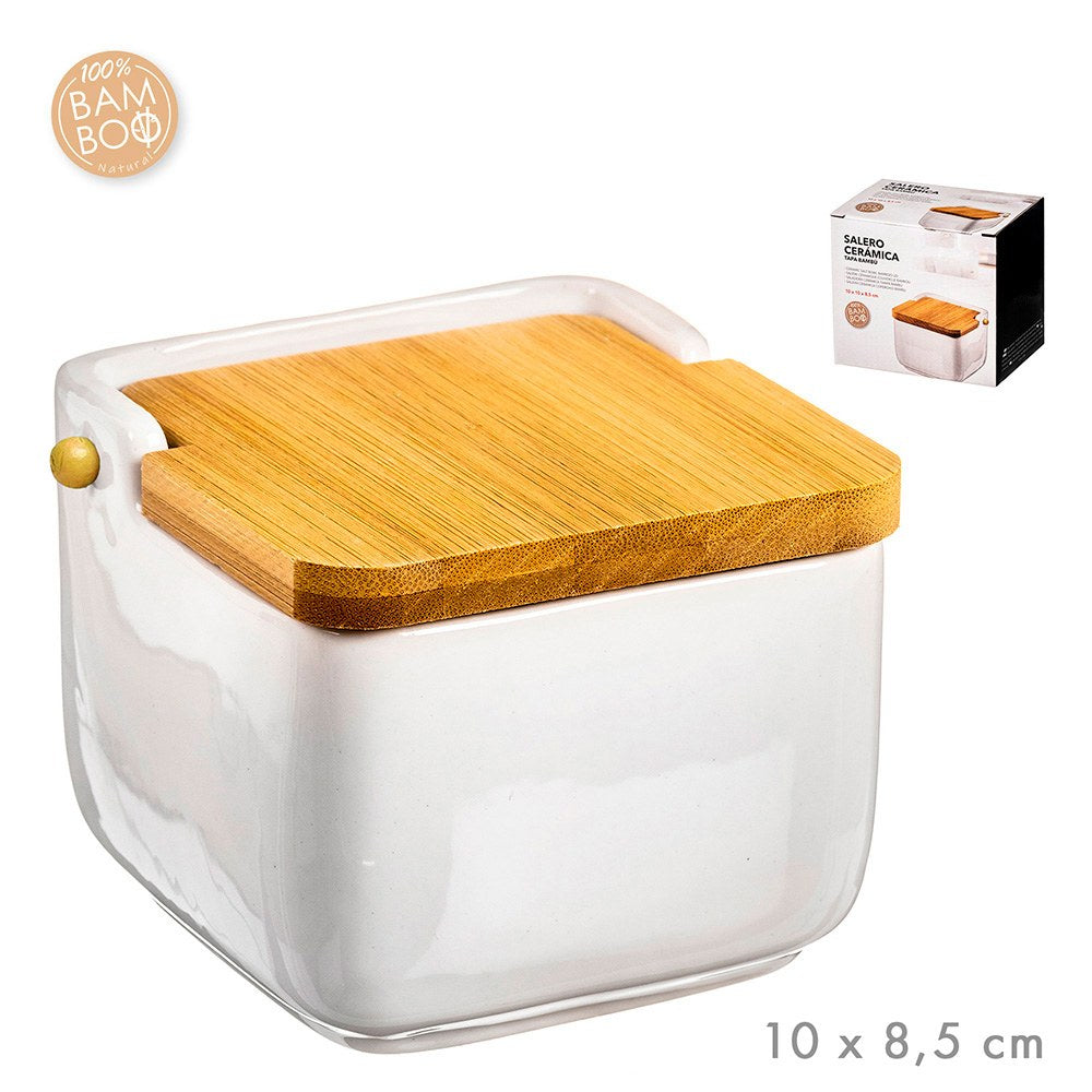 Salero de cerámica con tapa de bambú 10 x 10 x 8,5 cm
