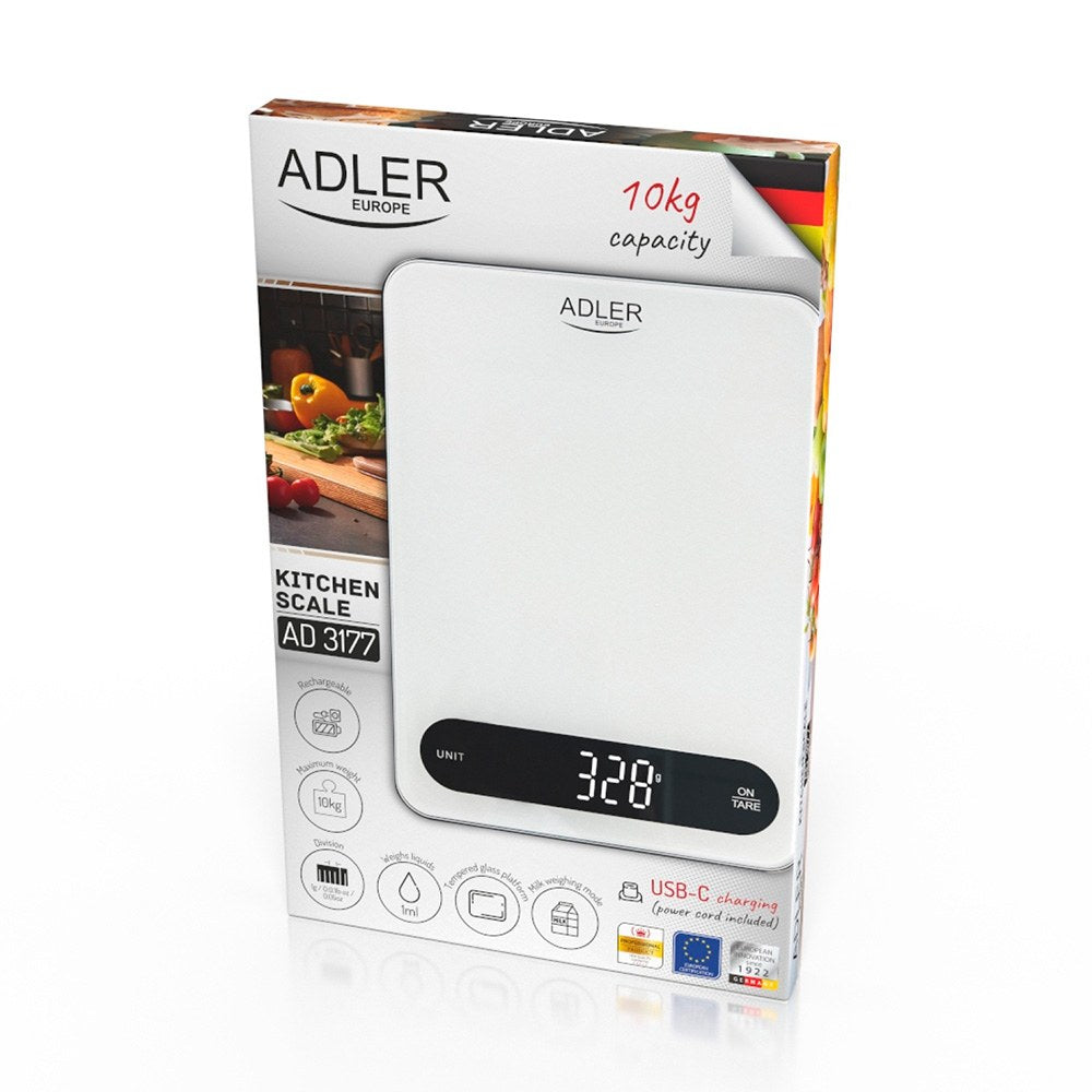 Báscula de cocina con batería recargable ad3177, máximo 10 kg, blanca