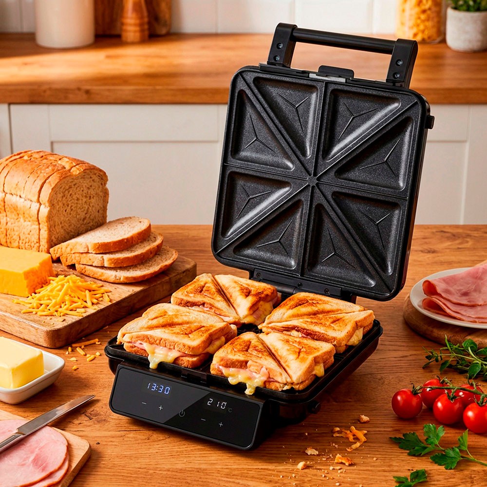 Sandwichera 4en1 ad3096 con pantalla táctil, inox y negra, 2200 w