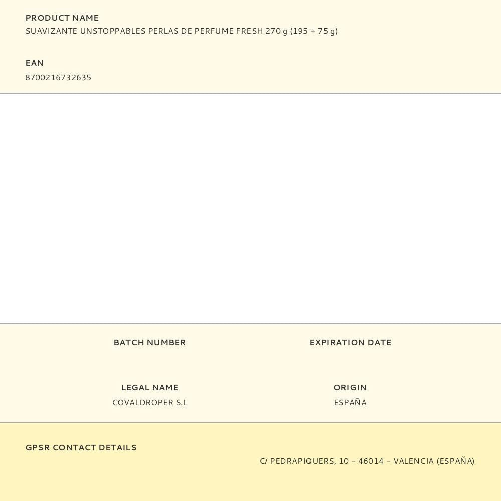 Suavizante unstoppables perlas de perfume fresh 270 g (195 + 75 g)