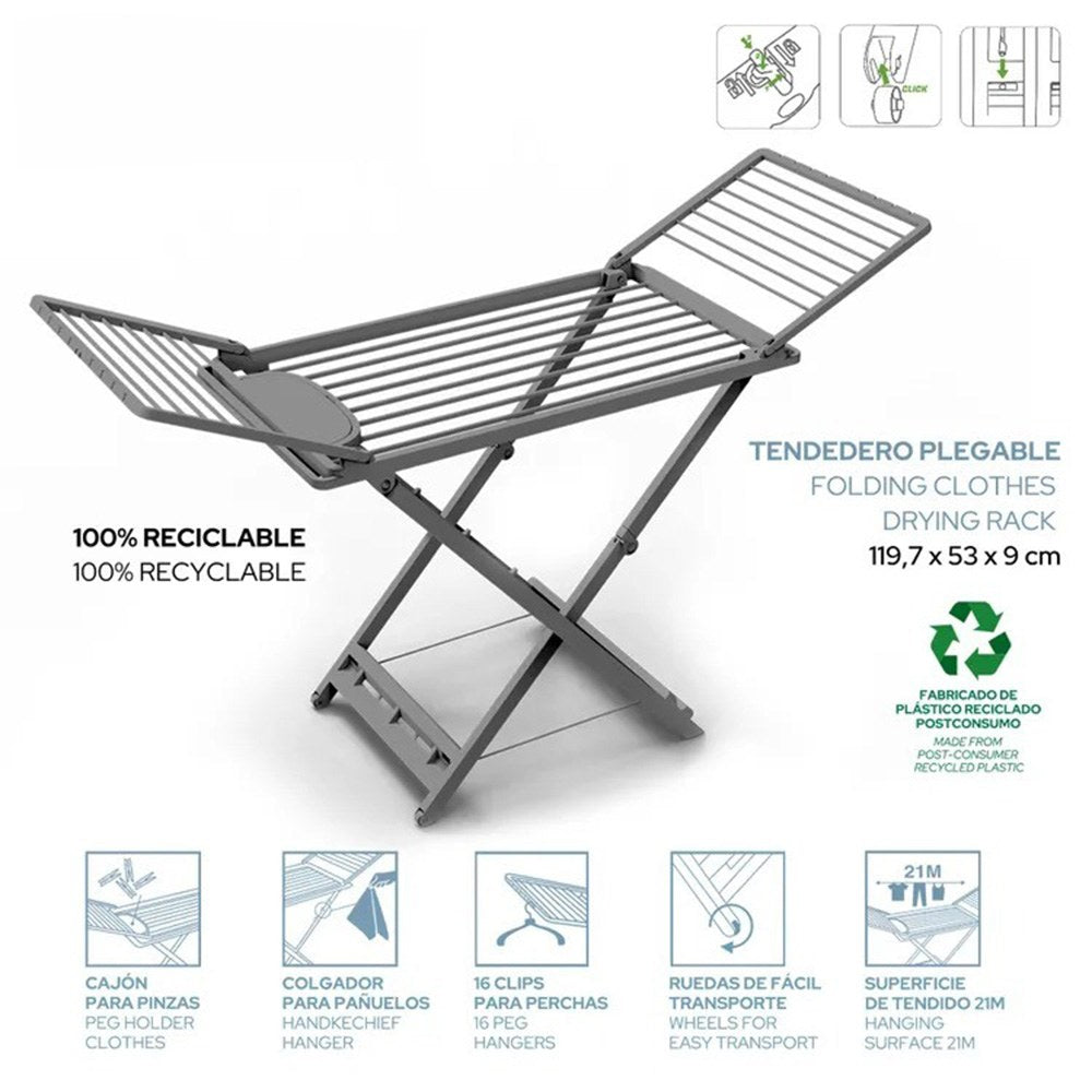 Tendedero plegable con alas gris claro, tendido 21 m