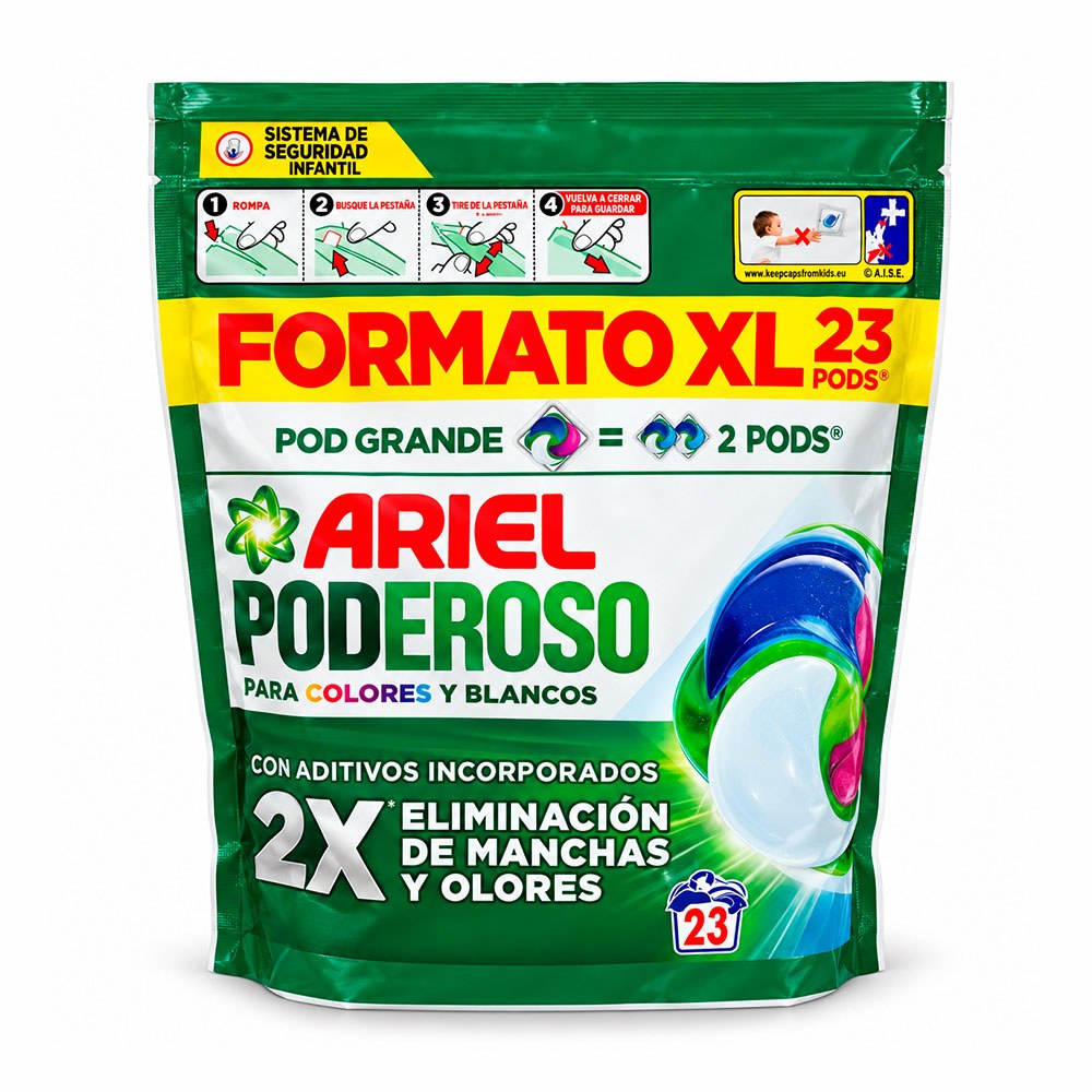Detergente en cápsulas pod grande, poderoso para colores y blancos, 23 dosis