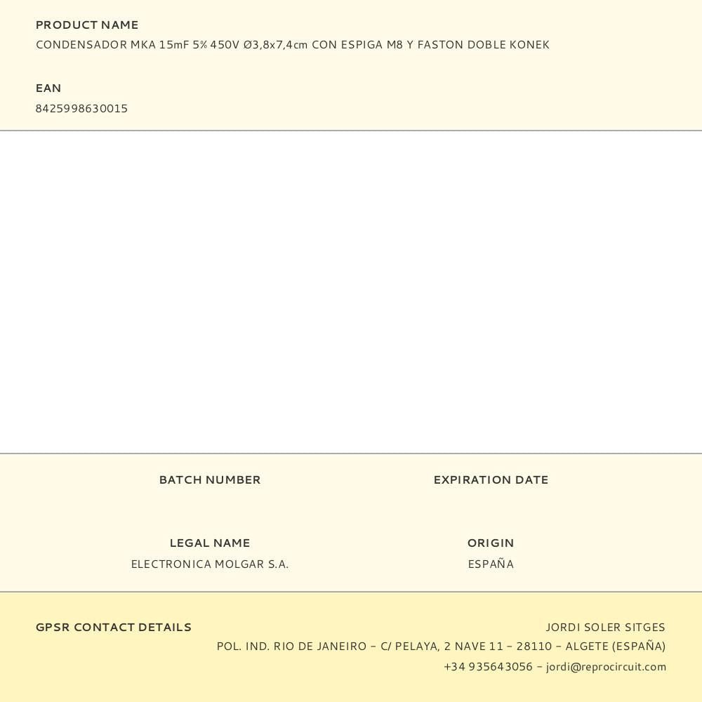 Condensador mka 15mf 5% 450v ø3,8x7,4cm con espiga m8 y faston doble konek