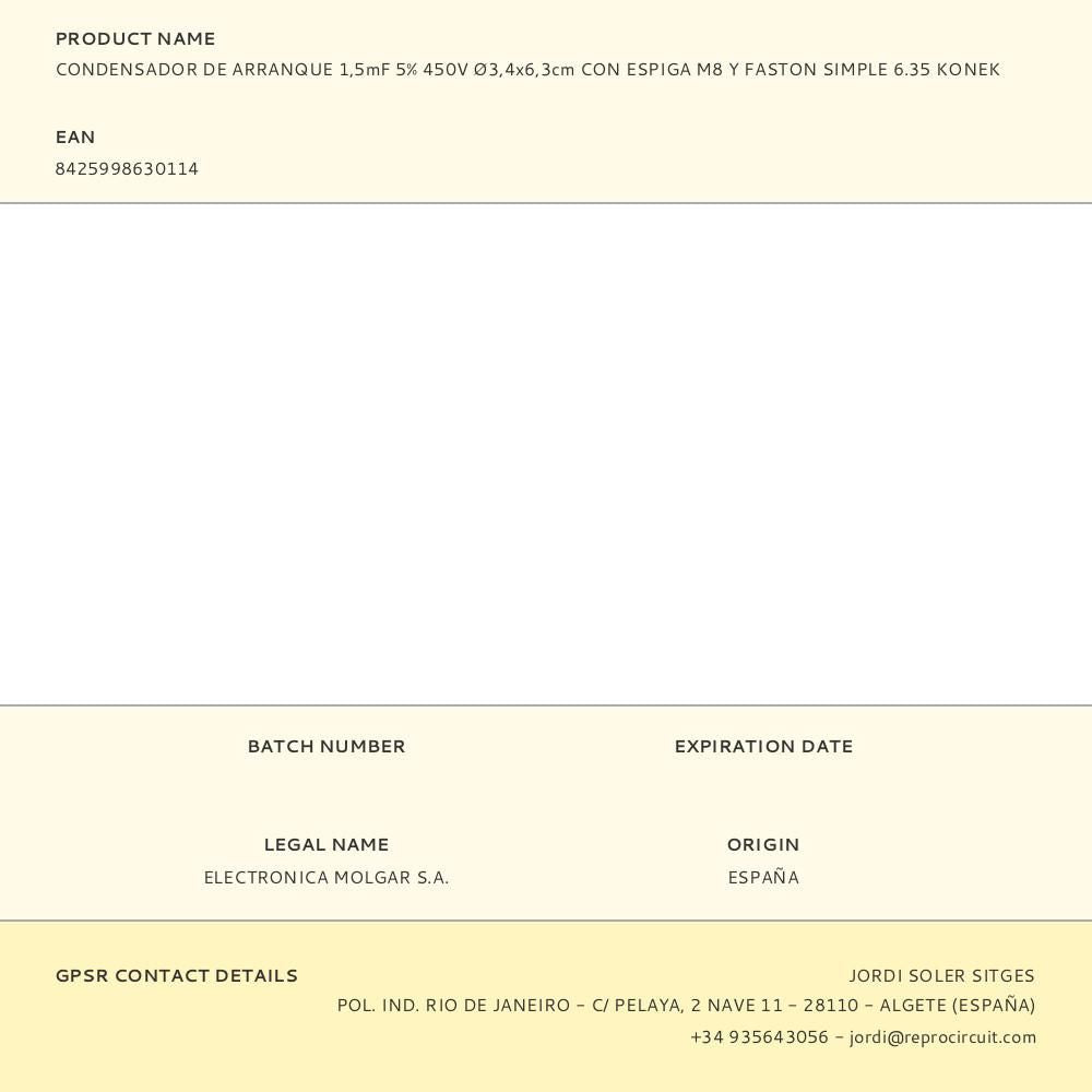 Condensador de arranque 1,5mf 5% 450v ø3,4x6,3cm con espiga m8 y faston simple 6.35 konek