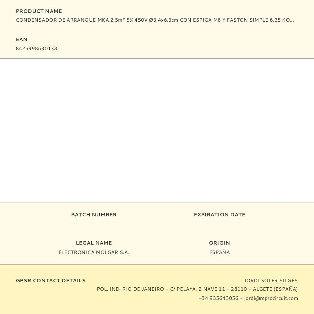 Condensador de arranque mka 2,5mf 5% 450v ø3,4x6,3cm con espiga m8 y faston simple 6,35 konek