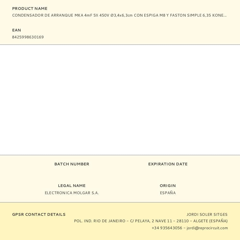 Condensador de arranque mka 4mf 5% 450v ø3,4x6,3cm con espiga m8 y faston simple 6,35 konek
