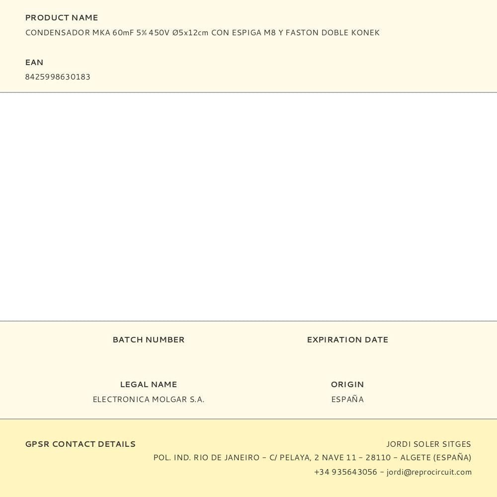 Condensador mka 60mf 5% 450v ø5x12cm con espiga m8 y faston doble konek